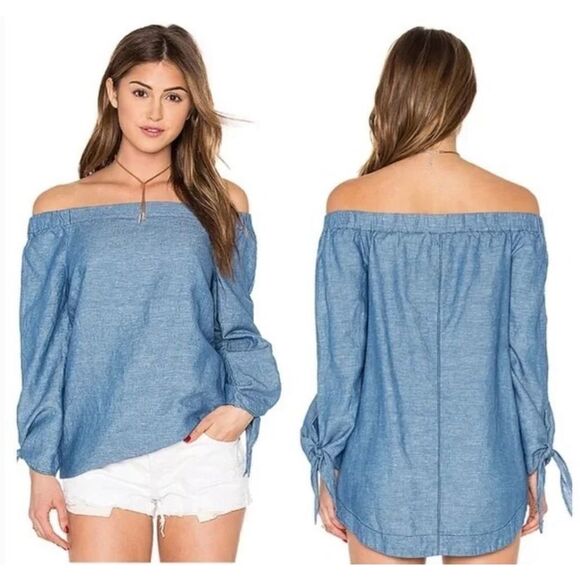 NWT Free People Womens Show Some Shoulder Top Off Shoulder Blue Chambray Top Siz - Picture 11 of 11